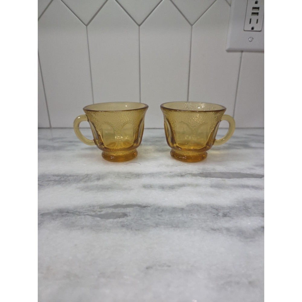 Hazel Atlas Amber Tea Cups, Set of 2, Golden Pebble-stone Design,‎ Yellow Cups
